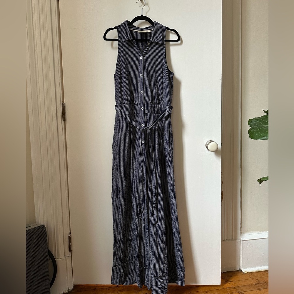 Anthropologie Maeve Blue Stripe Sleeveless Jumpsuit with Collar & Pockets